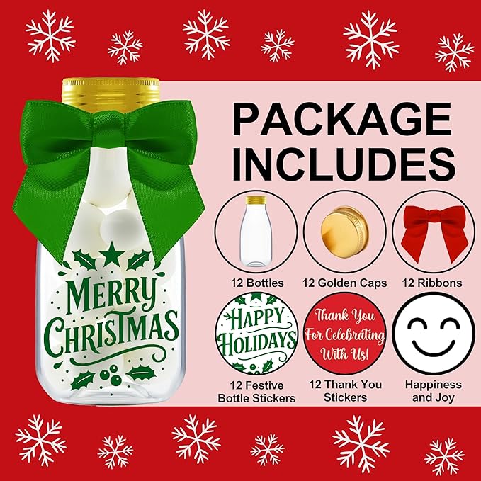 12 Pack Christmas Candy Jars with Ribbons and Stickers - DIY Party Favor Containers for Holiday Parties, Classroom, Stocking Stuffers, and Table Decorations