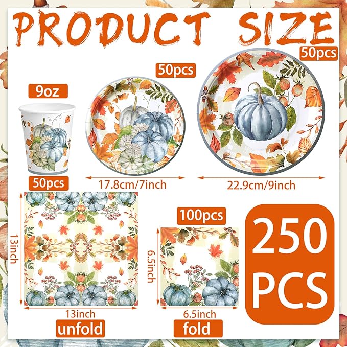 Hsei 250 Pcs Fall Blue Pumpkin Plates and Napkins Party Decorations Disposable Tableware Sets Baby Shower Birthday Party Supplies Serves 50 Guests Dinnerware Baby Bridal Shower Favors