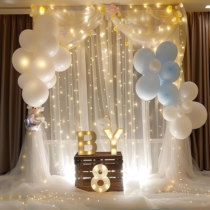 10ft x 8ft White Backdrop Curtain with Lights String for Parties, Sheer Tulle Wedding Photo Backdrops Drapes for Baby Shower Birthday Party Decorations Background for Photography
