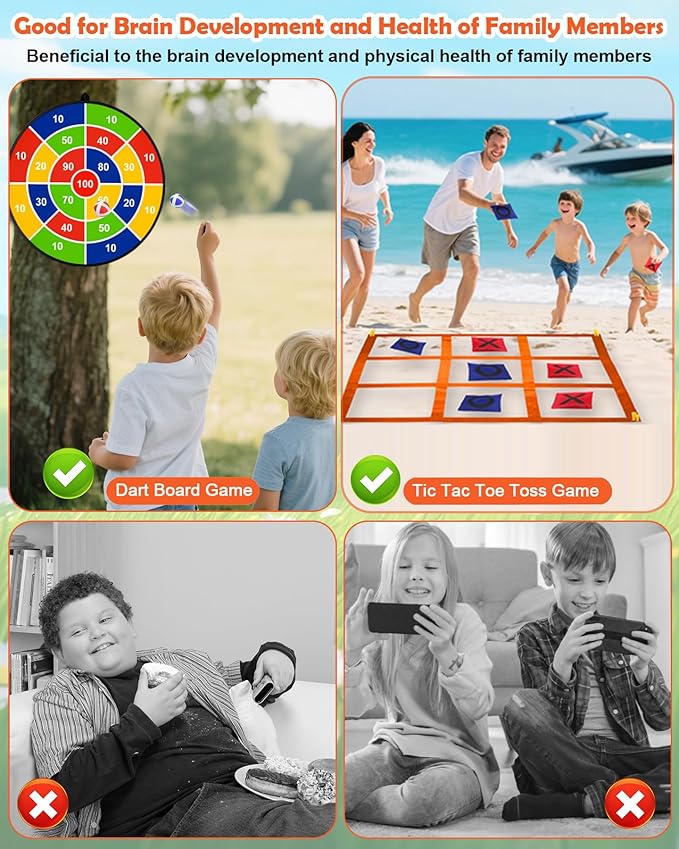 2-in-1 Outdoor Giant Tic Tac Toe Bean Bag Toss Games with Dart Board, 26" Dart Board with Sticky Balls Double-Sided Tic Tac Toe for Kids Adults Large Lawn Carnival Yard Birthday Family Party Games