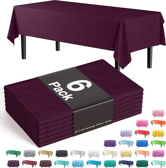Party Solids 6-Pack Premium Plastic Tablecloth 54in. x 108in. Rectangle Plastic Table Cover - Plum