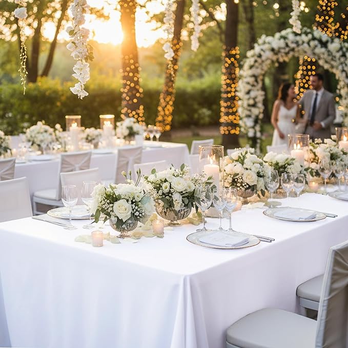 10-Pack White Tablecloths for Rectangle Tables, 70 x 108 Inches, Stain-Resistant Polyester Fabric for 6 Foot Tables - Washable Table Covers for Weddings, Banquets, Birthday Parties, Events