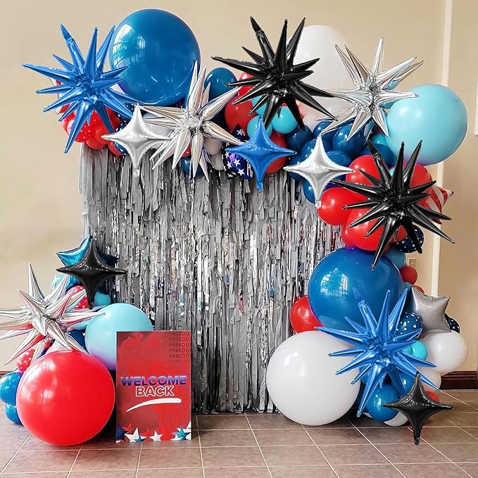 Black Blue Silver Star Balloons,Explosion Star Balloons Kit with 6Pcs 22Inch Cone Star Foil Balloons and 10Pcs 10Inch Four Pointed Star Balloons for Birthday Anniversary Disco Party Decorations