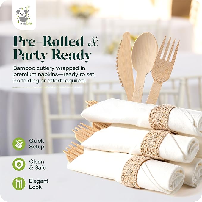Pre Rolled Napkin and Bamboo Cutlery Set - 30 Pack Bamboo Utensils Wooden Cutlery 30 Forks 30 Knives 30 Spoons 30 Napkins, Pre Wrapped Disposable Silverware Cutlery for Party, Wedding, Events