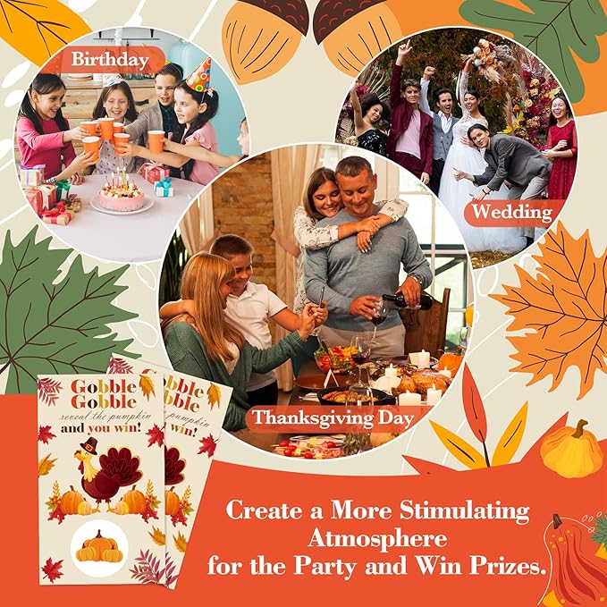 Thanksgiving Scratch Off Cards, 50 Fall Turkey Party Scratch Off Tickets, Autumn Pumpkin Game Cards for Adults Family Groups Supplies Classroom Activities - B02