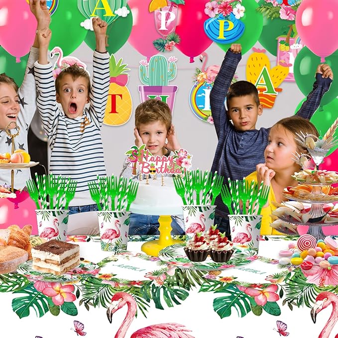 167Pcs Hawaiian Aloha Party Decorations Flamingo Party Plates Napkins Cups Forks Straws Balloons Banner Tablecloth Cake Toppers Hawaiian Luau Aloha Tropical Birthday Party Supplies