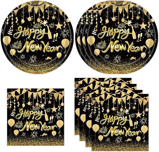 40Pcs 2026 Happy New Year Paper Plates and Napkins Party Supplies, Disposable New Years Eve Plates Napkins Dinnerware Set for New Years Party Decorations