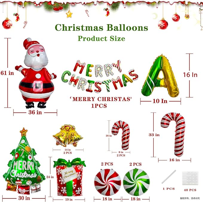 Christmas Balloons Set -MerryChristmas Balloon Banner Large Santa, Red & Green Candy Cane Foil Balloons for Christmas Party Decorations