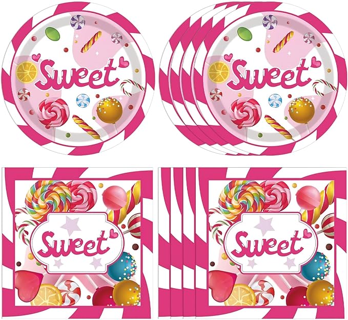 40 Pcs CandyLand Party Decorations Sweet Candy Theme Birthday Party Decorations Disposable Dessert Candy Tableware Paper Plates Napkins for Birthday Baby Shower Sweet Shop Decor