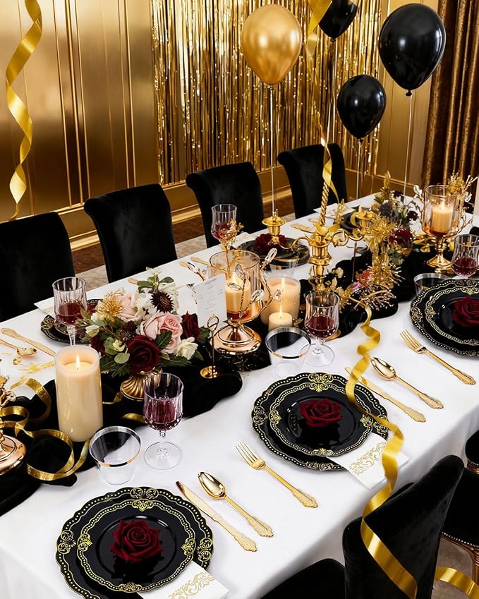Ciaell 175 PCS Black and Gold Plastic Plates - Black Disposable Dinnerware Set with 50 Plates, 25 Knives, 25 Forks, 25 Spoons, 25 Cups, 25 Napkins for New Year’s Day, Parties and Weddings