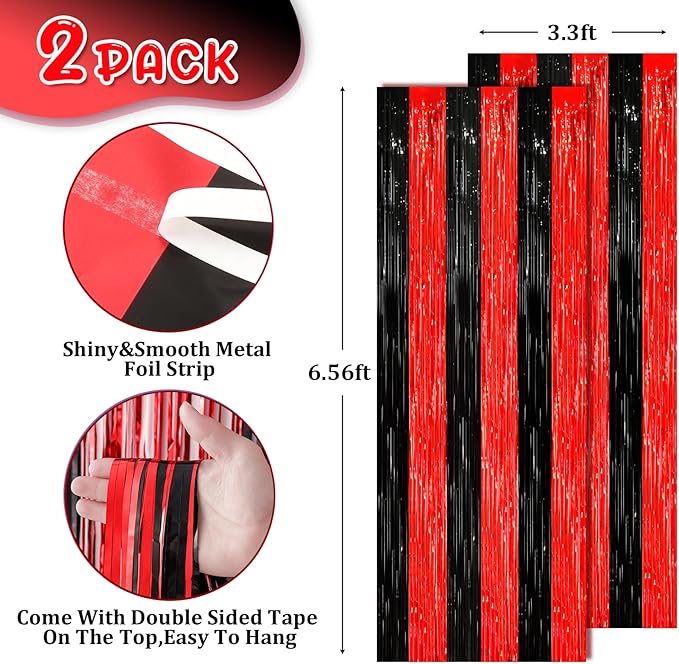 2 Pack Red and Black Tinsel Foil Fringe Curtains, Red and Black Party Decorations, Metallic Tinsel Party Streamers Backdrop for Halloween Birthday Red Carpet New Years Party Decorations