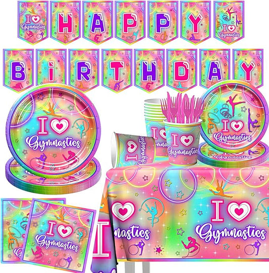 Gymnastics Party Decorations,142pcs Gymnastics Tableware Set I Love Gymnastics Plates Cups Neon Glow Gymnast Table Covers Happy Birthday Banner for Gym Theme Birthday Party Baby Shower