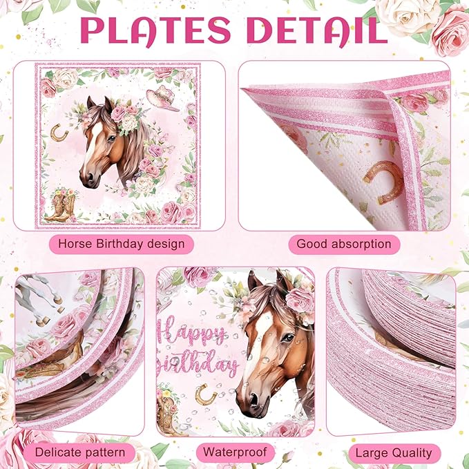 Pickmesh 400 Pcs Horse Birthday Party Supplies Include Pink Western Cowgirl Disposable Paper Plates Napkins Cups Cutlery Cowgirl Birthday Party Decorations for Girls Rodeo Bachelorette Fairy Serve 50