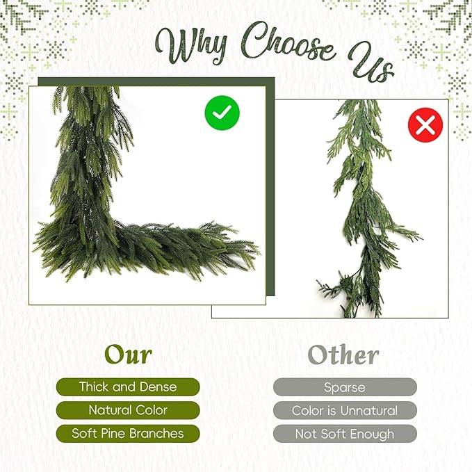 N&T NIETING 6FT Christmas Norfolk Pine Garland Real Touch Pine Artificial Garlands Faux Greenery Garland Winter Christmas Garland for Table Mantle Holiday Indoor Outdoor Xmas Decorations (4 Pcs)