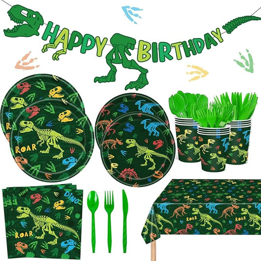 142pcs Dinosaur Party Supplies Dinosaur Theme Birthday Party Decoration Banner Includes Plates Cups Napkins Cutlery Sets, Serves 20 Guests