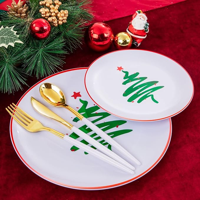 Supernal Christmas Plastic Plates, Gold Plastic Cutlery – 180pcs Elegant Disposable Dinnerware with White-Gold Knives/Forks/Spoons, GoldRim Clear Tumblers, Premium Christmas Tableware for 30 Guests