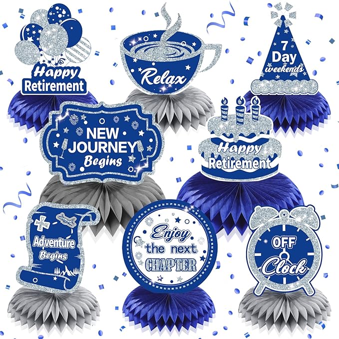 8Pcs Blue Retirement Decorations Navy Blue Silver Happy Retirement Table Honeycomb Centerpieces Farewell Table Topper Decor for Men Women Office Going Away Photo Booth Props Labor Day Party Supplies