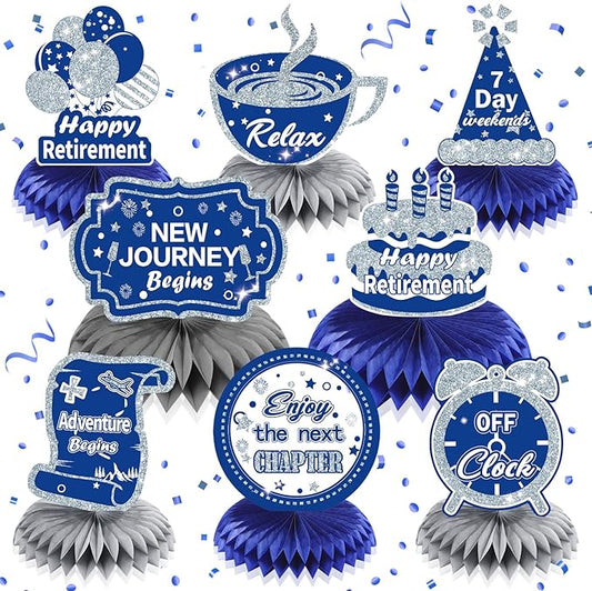 8Pcs Blue Retirement Decorations Navy Blue Silver Happy Retirement Table Honeycomb Centerpieces Farewell Table Topper Decor for Men Women Office Going Away Photo Booth Props Labor Day Party Supplies