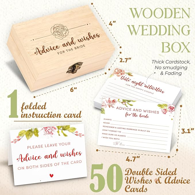 Advice For The Bride Cards - 50 Pcs Wedding Advice Cards For Bridal Shower Decorations, Marriage Advice And Wishes Cards For Engagement Party Games, Advice Box For Wedding Shower Decor