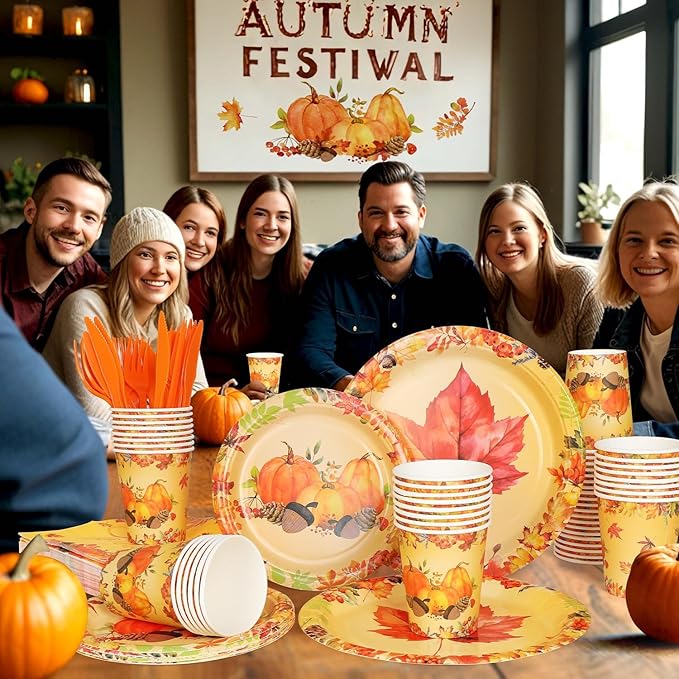 175 PCS Fall Maple Leaves Dinnerware Set Thanksgiving Party Supplies Pumpkin Tableware Include Paper Plates Cups Cutlery Napkins Autumn Harvest Disposable Dinnerware, Serve 25