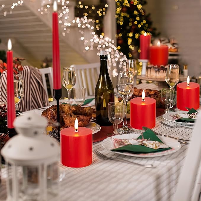 Red Flameless Pillar Candles Set of 3 (3"x3"), Battery Operated LED Candles with Timer and Remote, Real Wax Flickering Light for Christmas Decorations, Romantic Dinner or Holiday Gift