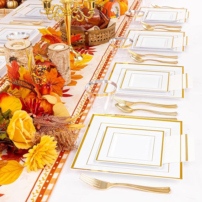 Festiva 350Pcs Gold Plastic Plates - Disposable Square Gold Plates Dinnerware set include 9.5"/6" Plates,Cups,Plastic Cutlery,Hand Napkins Perfect for 50 guests Party&Wedding&Thanksgiving&Christmas