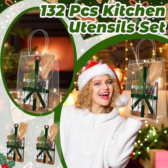 12 Set Christmas Gift Kitchen Utensils Set Acacia Spatula Mini Cheese Board Pine Cones for Christmas Kitchen Holiday Gift Party Decor