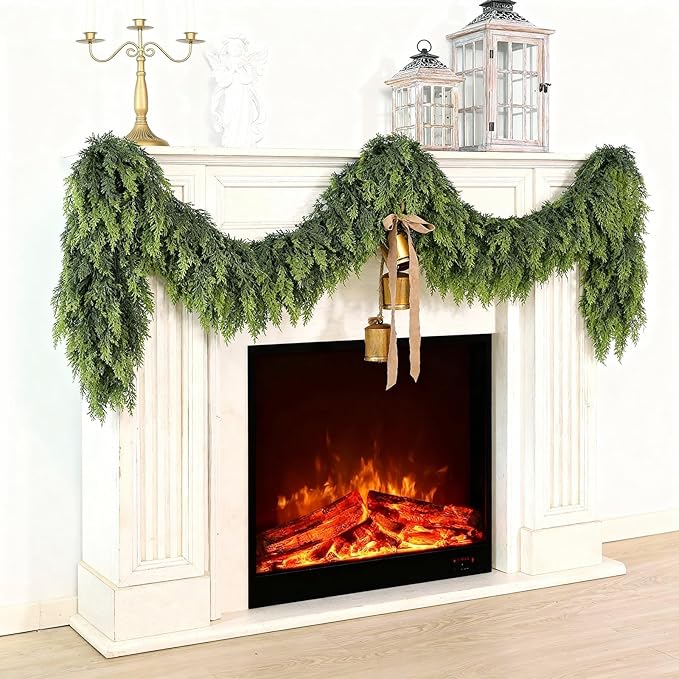 9FT Real Touch Cedar Garland for Fireplace - Artificial Christmas Garlands Realistic Faux Greenery Fake Pine Needles Garland for Holiday,Table, Window,Mantel,Stairs, Home,Indoor Outdoor Decor (1PCS)
