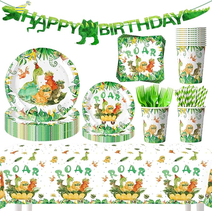 152 Pcs Dinosaur Birthday Party Decorations Supplies Serve 25 Guest, Dino Theme Party Pack for Kids, Dinosaur Plates, Cups, Napkins, Forks, Straws, Banner, Tablecloth for Birthday Celebration