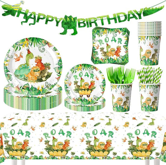 152 Pcs Dinosaur Birthday Party Decorations Supplies Serve 25 Guest, Dino Theme Party Pack for Kids, Dinosaur Plates, Cups, Napkins, Forks, Straws, Banner, Tablecloth for Birthday Celebration
