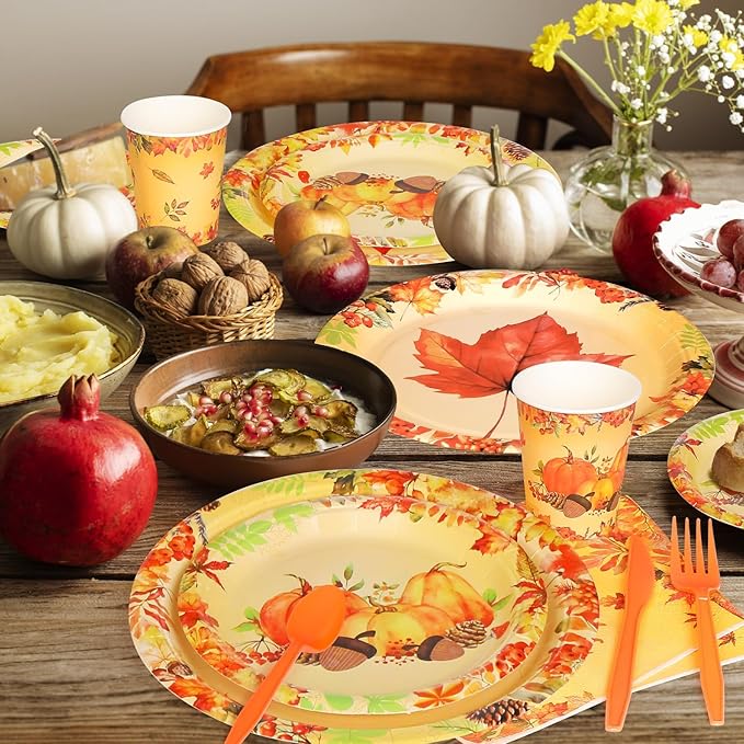 175 PCS Fall Maple Leaves Dinnerware Set Thanksgiving Party Supplies Pumpkin Tableware Include Paper Plates Cups Cutlery Napkins Autumn Harvest Disposable Dinnerware, Serve 25