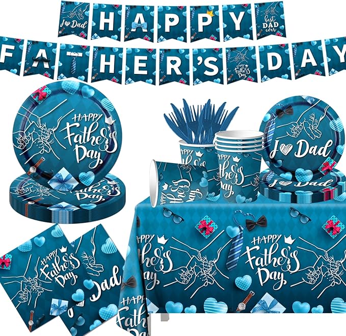 Happy Father's Day Tableware Set - 142pcs with Plates, Napkins, Tablecloth, Cups & Supplies for 'I Love Dad' Party Decoration
