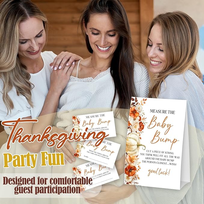 Little Pumpkin Measure The Baby Bump - Thanksgiving Baby Shower Card Set (1 Sign With 50 Guess Cards), Fall Gender Reveal Party Favor Supplies -A12