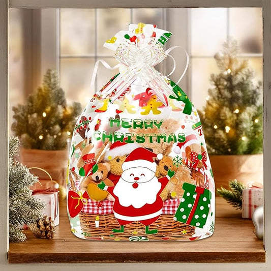 JJJMMM 10 Pcs Christmas Cellophane Baskets Gift Bags Large 16x24 inch with 10 pcs Pull Bows for Gift Wrapping Holiday Party Supplies (Christmas)
