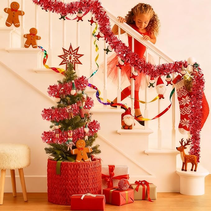 50Ft Christmas Tinsel Garland, Red Metallic Twist Garland for Xmas Tree Decorations, Tinsel for New Year Party Ceiling Hanging Decorations Indoor and Outdoor Decor Supplies