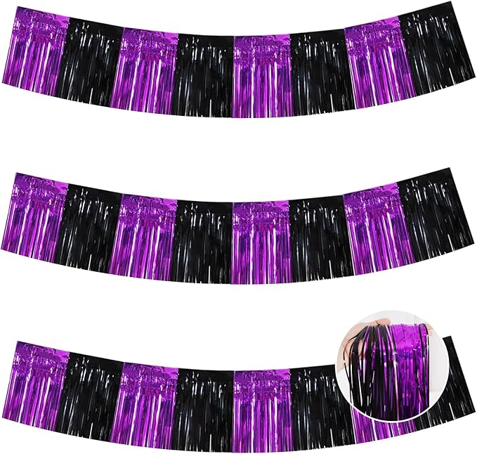 BEISHIDA 3 Packs Metallic Foil Fringe Garland Black Purple Wall Hanging Tinsel Fringe Banners for Halloween Car Floats Bridal Shower Wedding Birthday Easter Graduation Holiday Party Decoration (30 Ft)