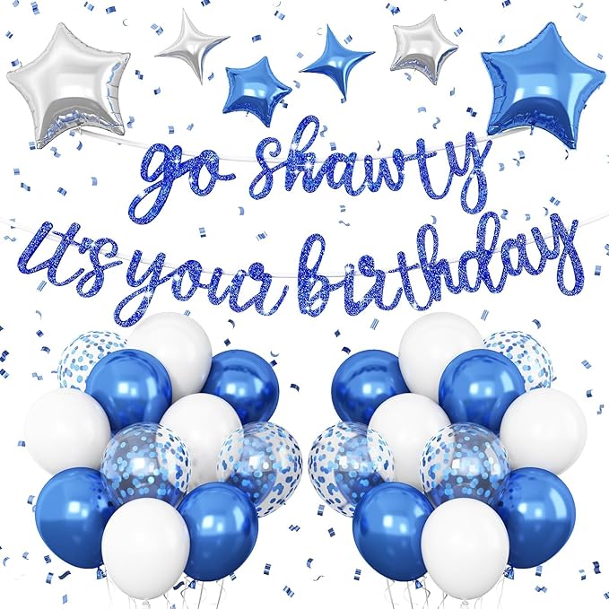 Blue Go Shawty It's Your Birthday Banner Balloons Set, Glitter Happy Birthday Banner with Blue Silver Confetti Balloon Star Foil Balloon for Boys Man Hip Hop Rap Theme Birthday Party Decorations