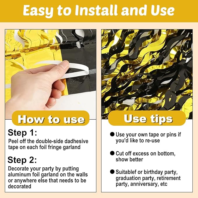 6 Pack 10 Feet Black Gold Wave Foil Fringe Garland Metallic Tinsel Streamers Banner Wall Hanging Curtain Backdrop for Parade Floats, Mother's Day, Easter, Wedding, Birthday Party Decoration