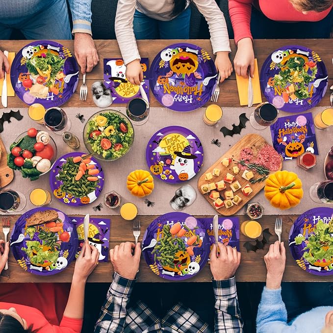 150 Pcs Halloween Plates and Napkins Sets - Cute Happy Halloween Party Supplies Tableware, Halloweens Disposable Paper Plates Napkins Set for Halloweens Birthday Party Decorations Favors, Serve 50