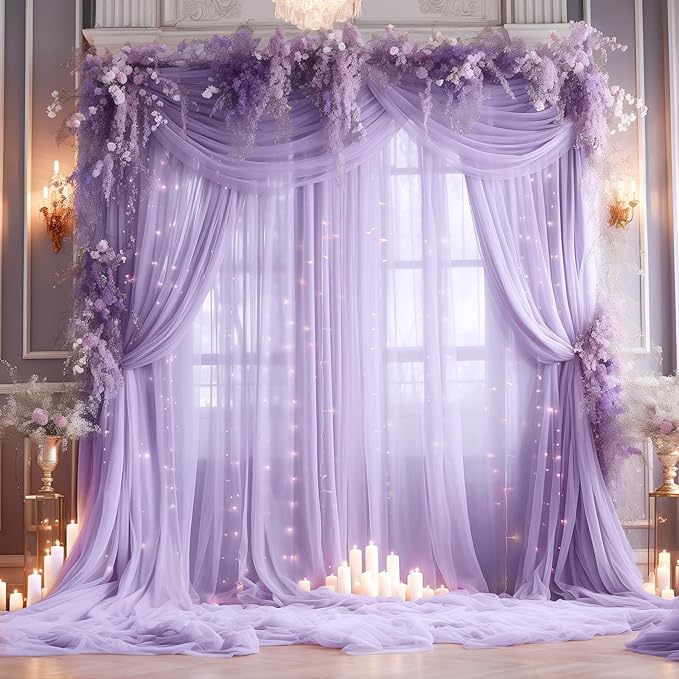 30ft x 10ft Purple Backdrop Curtain with Lights String for Parties, Sheer Tulle Wedding Photo Backdrops Drapes for Baby Shower Birthday Party Decorations Background for Photography