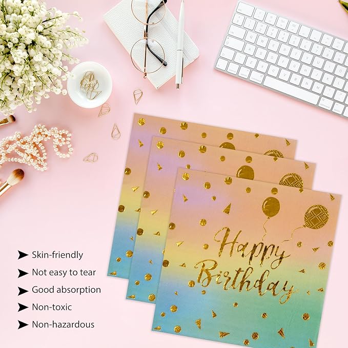 50PCS Happy Birthday Paper Plates and Napkins Set - 7 Inch Colorful and Gold Birthday Cake Plates Scalloped Dessert Plate Disposable Tableware for Birthday's Party Supplies Decorations