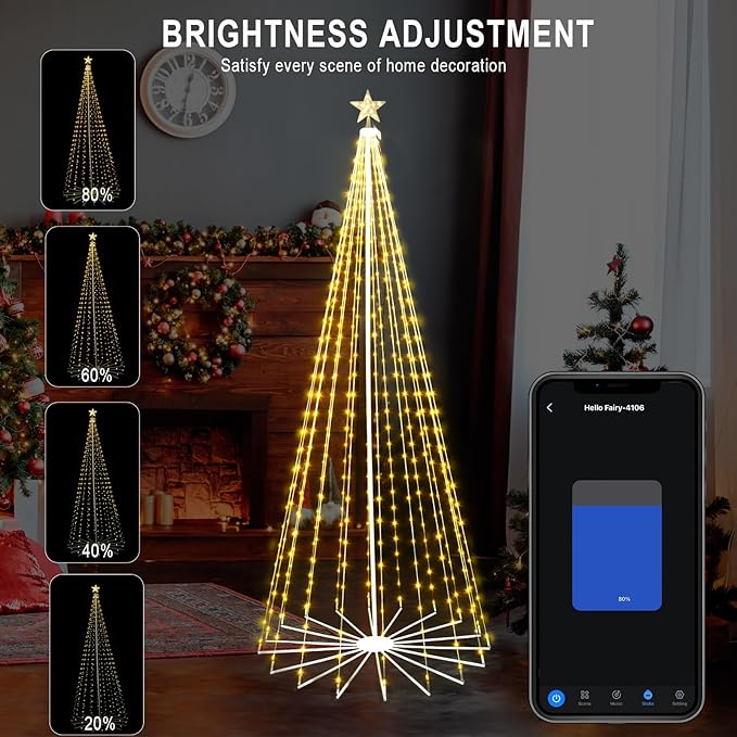 8FT 372LEDS Outdoor Christmas Tree Lights, Smart Cone Tall Pop Up with Star, Timer, Waterproof, APP & Remote, Music Sync, Multicolor/WarmWhite, Outside Xmas Yard Porch Decor