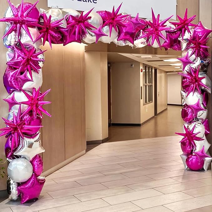 Hot Pink Star Balloon,Pink 6Pcs 22Inch Explosion Star Balloons and 10Pcs 10Inch Four Angle Balloons Kit for Girls Women Birthday Anniversary Baby Shower Wedding Party Decorations