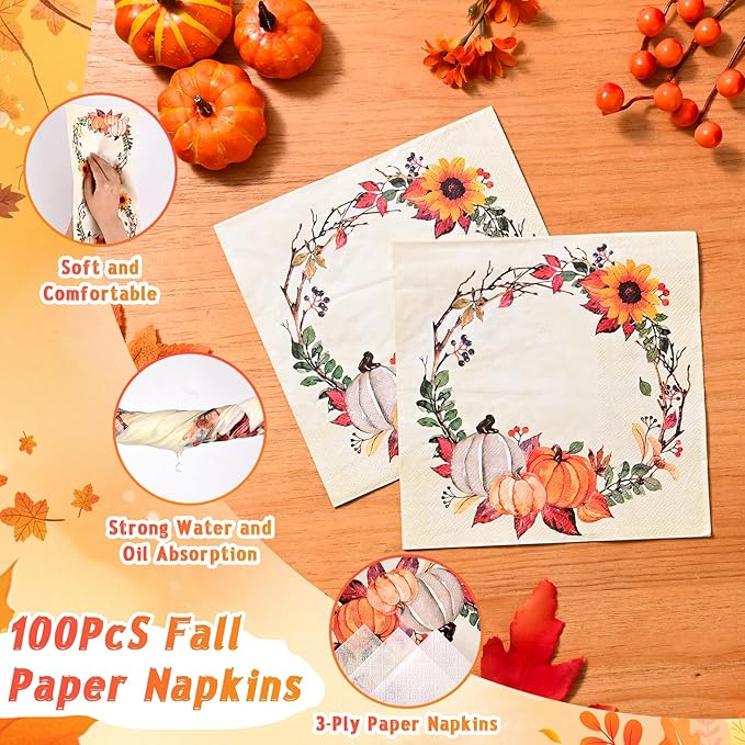 Homlouue 200 Pcs Fall Paper Plates and Napkins, Thanksgiving Plates and Napkins Sets, Fall Pumpkins Wreath Plate Disposable Party Supplies, Heavy Duty Thanksgiving Paper Plate (9" & 7")