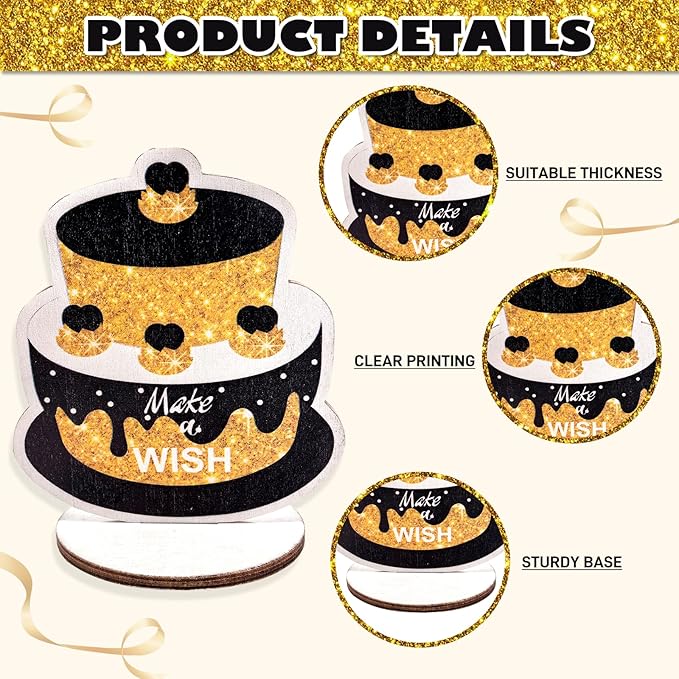 Happy Birthday Table Decorations & Centerpieces - 12-Piece Black & Gold Wooden Glitter Party Decor Set | Elegant & Reusable Birthday Supplies for Men, Women & Kids