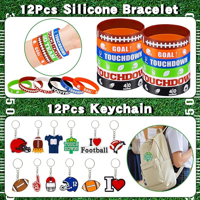 208Pcs Football Party Favors Party Supplies Contains Football Goodie Bags Cups Straw Stickers Mini Football Silicone Bracelets Keychains Thank You Tags Ideal Football Birthday Party Supplies for Team