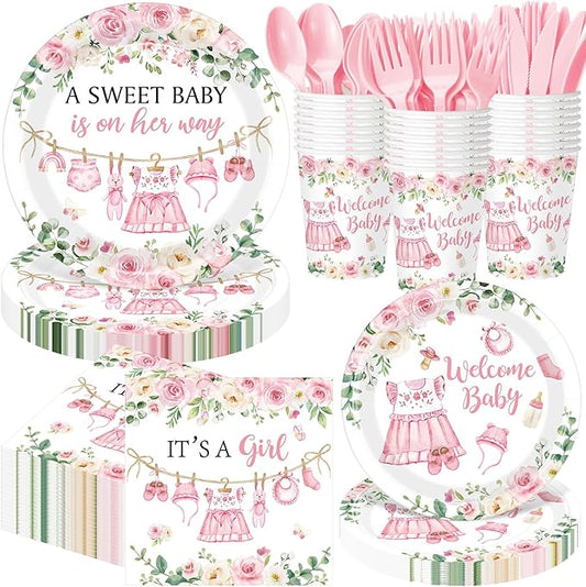 Pickmesh 400 Pcs Floral Baby Shower Party Decoration Include A Sweet Baby ls on Her Way Disposable Plates It's a Girl Napkins Cup Cutlery Pink Floral Sweet Girl Tableware Set Party Supplies Serve 50