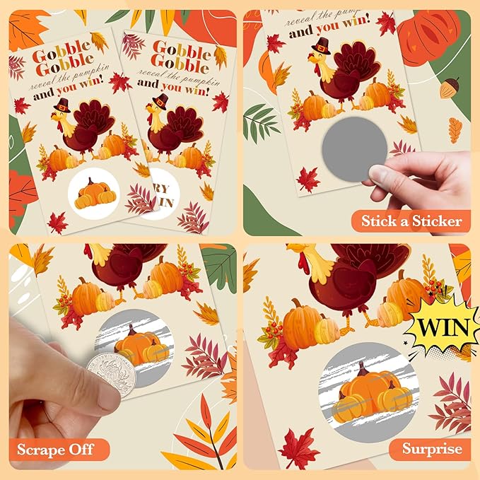 Thanksgiving Scratch Off Cards, 50 Fall Turkey Party Scratch Off Tickets, Autumn Pumpkin Game Cards for Adults Family Groups Supplies Classroom Activities - B02