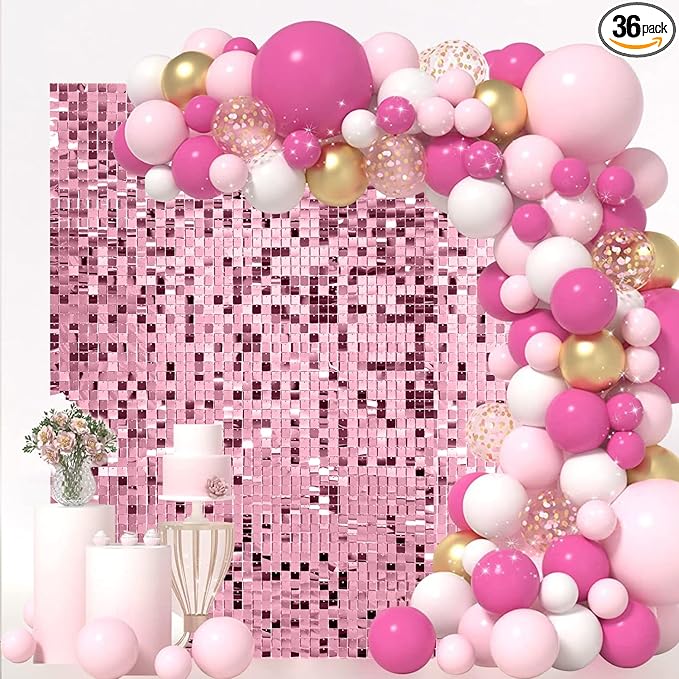 Pink Shimmer Wall Backdrop 36 Panels Cover 6 x 6 Ft, Photo Backdrops for Wedding,Anniversary,Birthday,Party Decoration