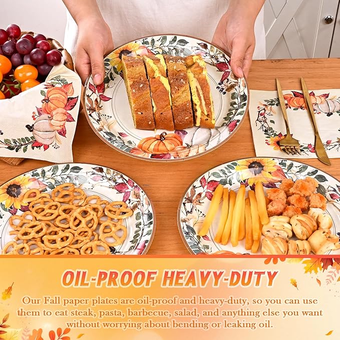 Homlouue 200 Pcs Fall Paper Plates and Napkins, Thanksgiving Plates and Napkins Sets, Fall Pumpkins Wreath Plate Disposable Party Supplies, Heavy Duty Thanksgiving Paper Plate (9" & 7")